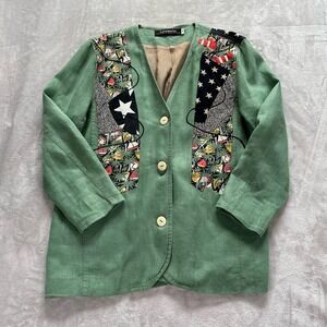 Vintage 90s Patchwork Linen Blend Blazer Green Artsy Coastal Grandma Jacket M